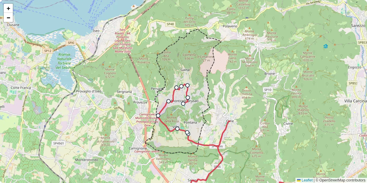 Mappa dettagliata del trasporto pubblico a Monticelli Brusati con linee autobus, tram e collegamenti