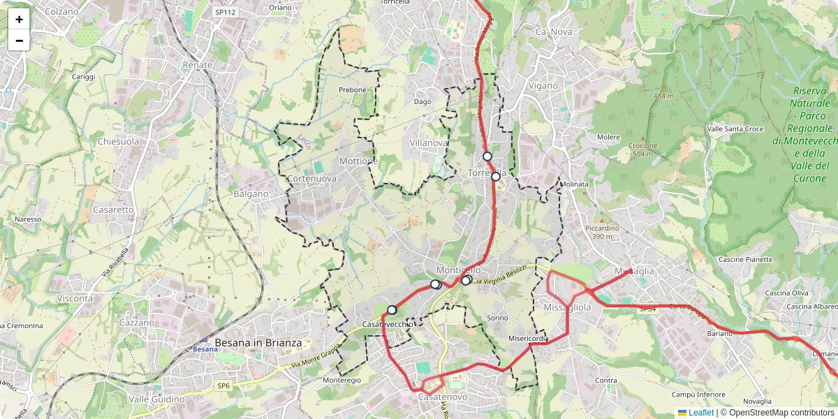 Mappa dettagliata del trasporto pubblico a Monticello Brianza con linee autobus, tram e collegamenti