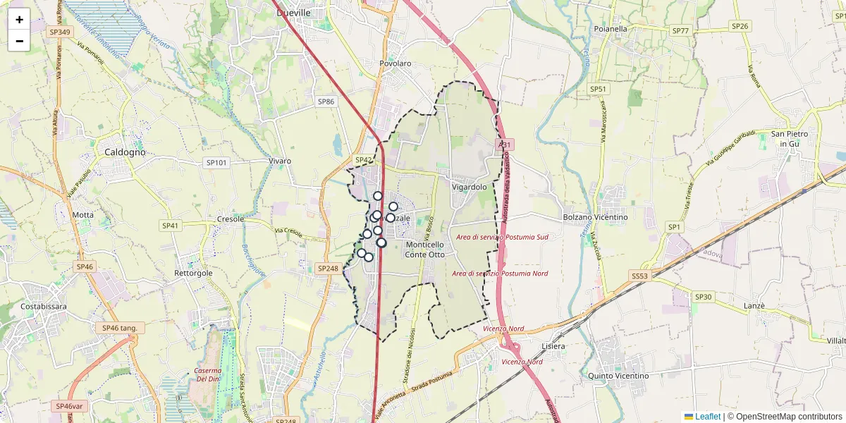 Mappa dettagliata del trasporto pubblico a Monticello Conte Otto con linee autobus, tram e collegamenti