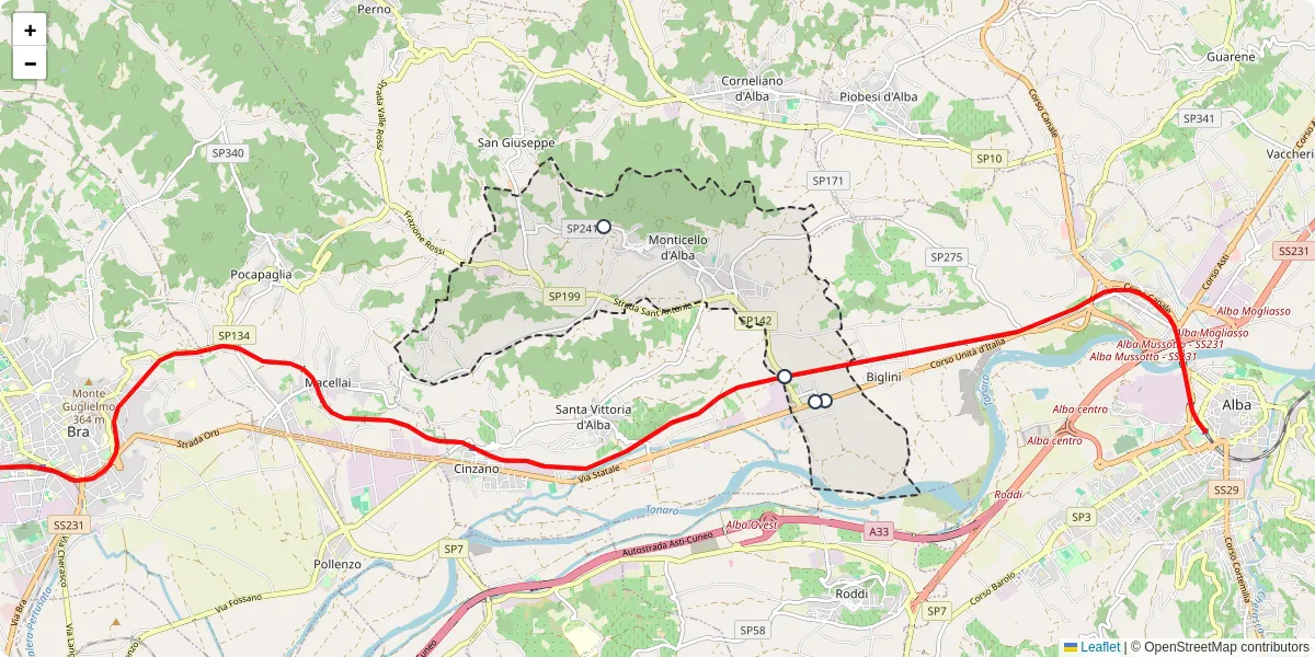 Mappa dettagliata del trasporto pubblico a Monticello d'Alba con linee autobus, tram e collegamenti