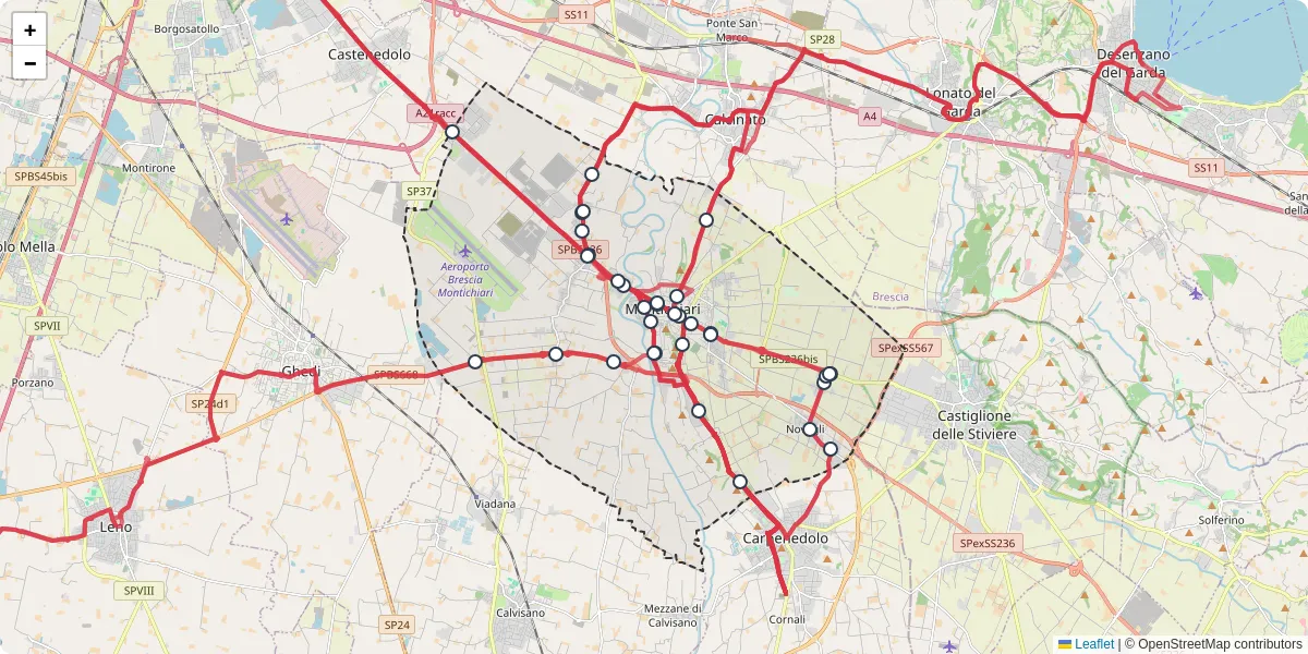 Mappa dettagliata del trasporto pubblico a Montichiari con linee autobus, tram e collegamenti