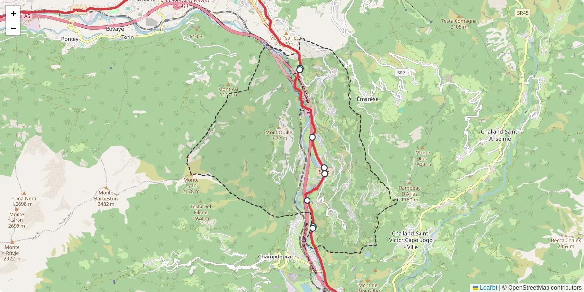 Mappa dettagliata del trasporto pubblico a Montjovet con linee autobus, tram e collegamenti