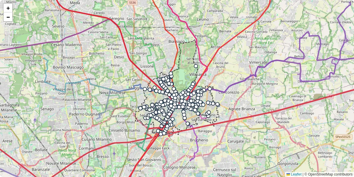 Mappa dettagliata del trasporto pubblico a Monza con linee autobus, tram e collegamenti