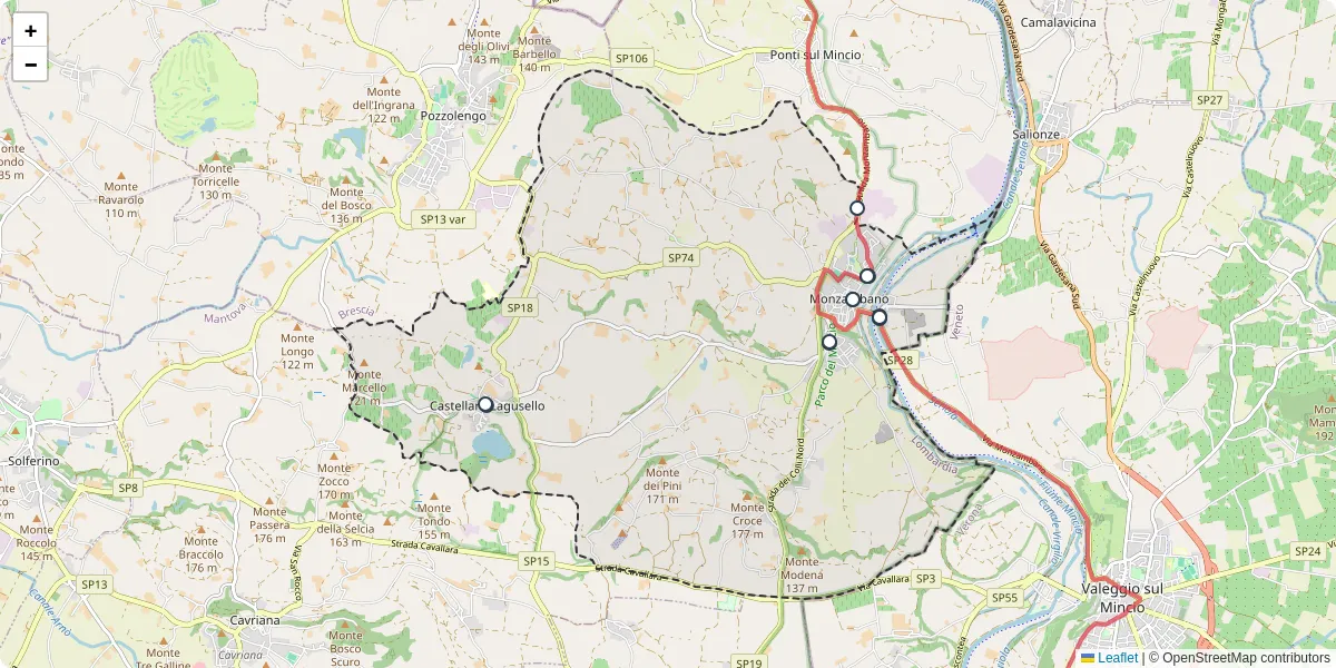 Mappa dettagliata del trasporto pubblico a Monzambano con linee autobus, tram e collegamenti