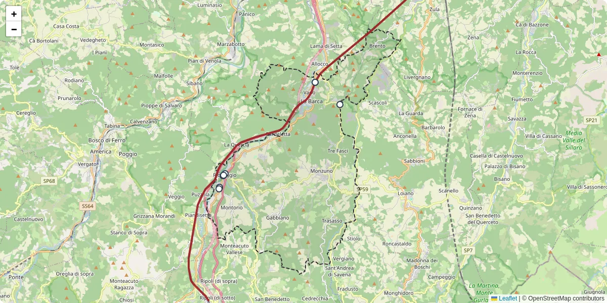 Mappa dettagliata del trasporto pubblico a Monzuno con linee autobus, tram e collegamenti