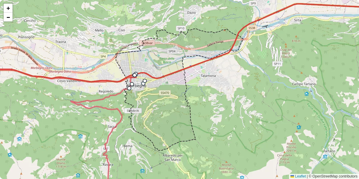 Mappa dettagliata del trasporto pubblico a Morbegno con linee autobus, tram e collegamenti