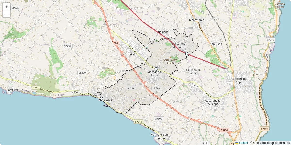 Mappa dettagliata del trasporto pubblico a Morciano di Leuca con linee autobus, tram e collegamenti