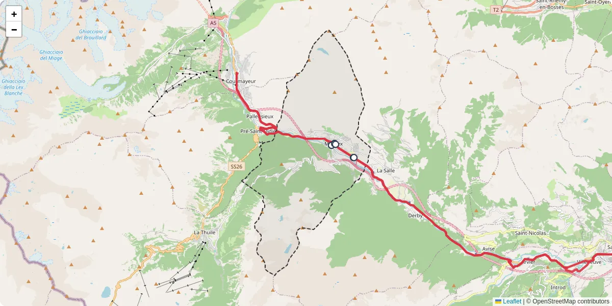Mappa dettagliata del trasporto pubblico a Morgex con linee autobus, tram e collegamenti