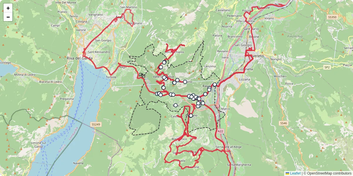 Mappa dettagliata del trasporto pubblico a Mori con linee autobus, tram e collegamenti