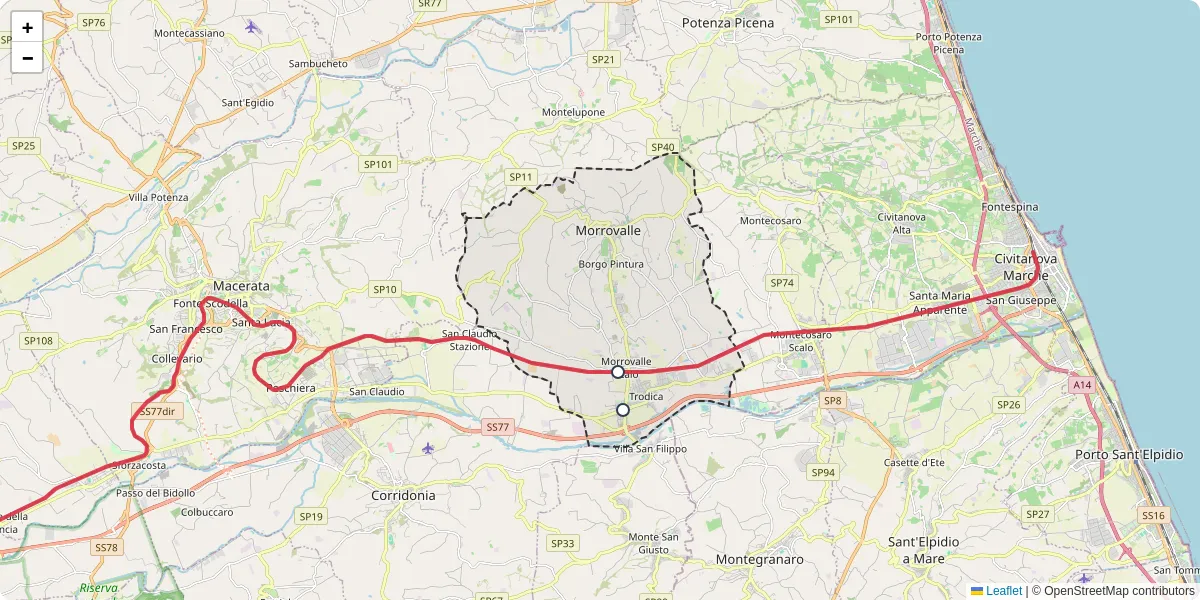 Mappa dettagliata del trasporto pubblico a Morrovalle con linee autobus, tram e collegamenti