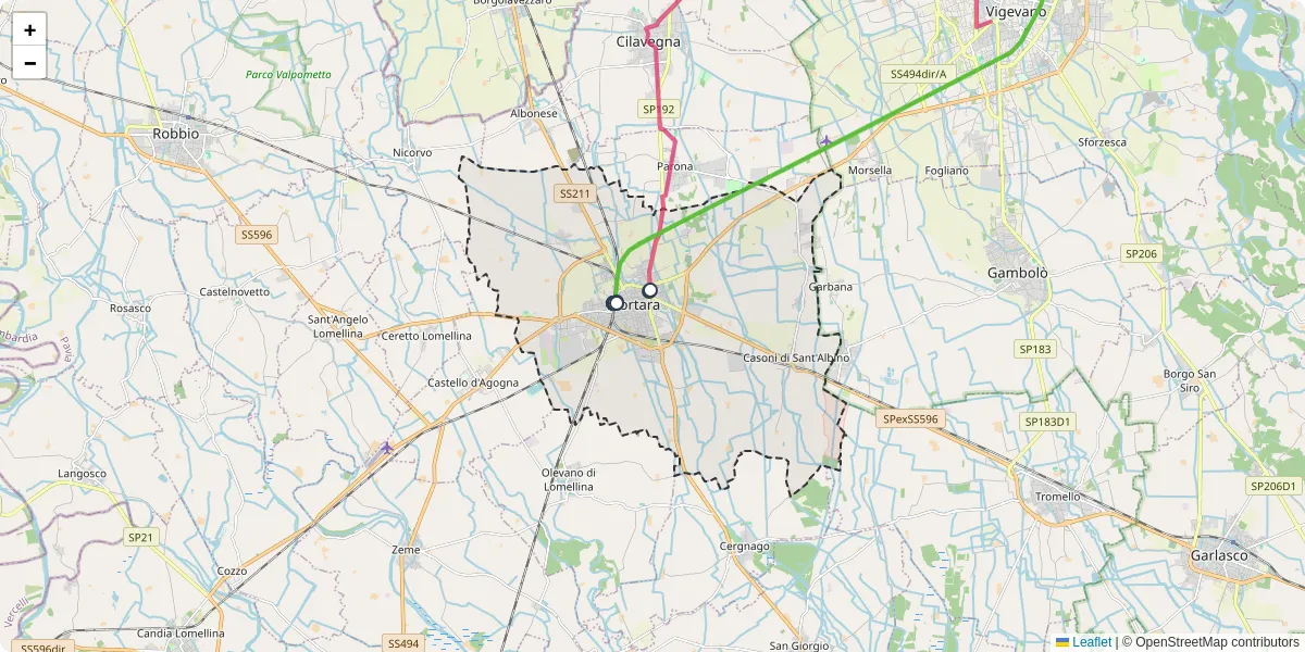 Mappa dettagliata del trasporto pubblico a Mortara con linee autobus, tram e collegamenti