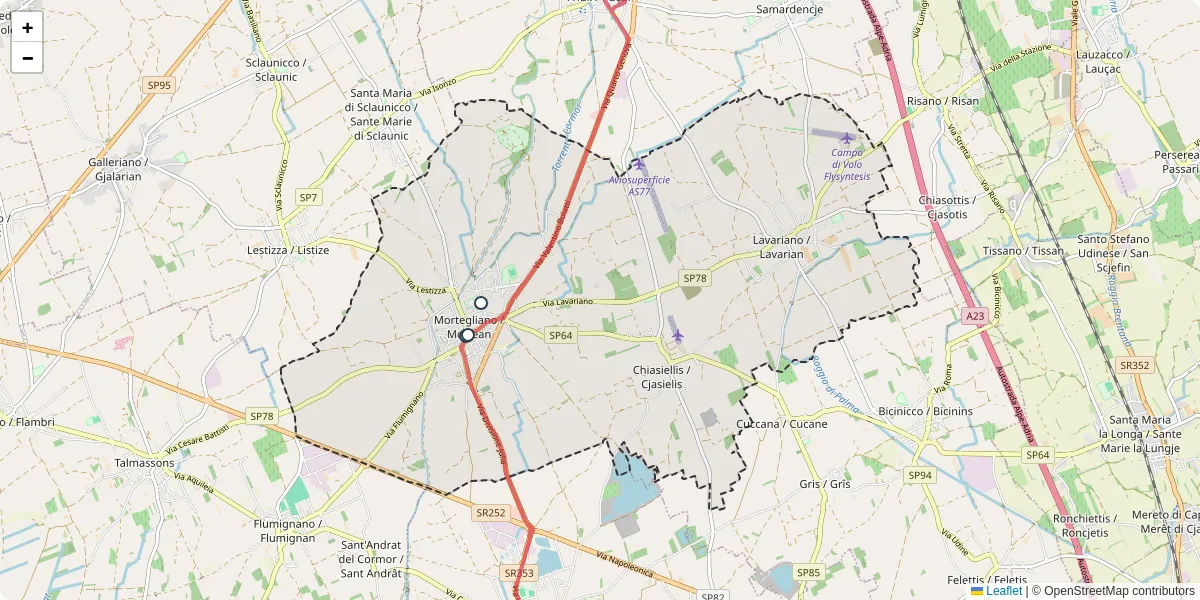 Mappa dettagliata del trasporto pubblico a Mortegliano / Mortean con linee autobus, tram e collegamenti