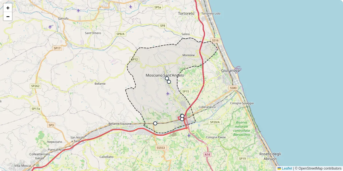 Mappa dettagliata del trasporto pubblico a Mosciano Sant'Angelo con linee autobus, tram e collegamenti