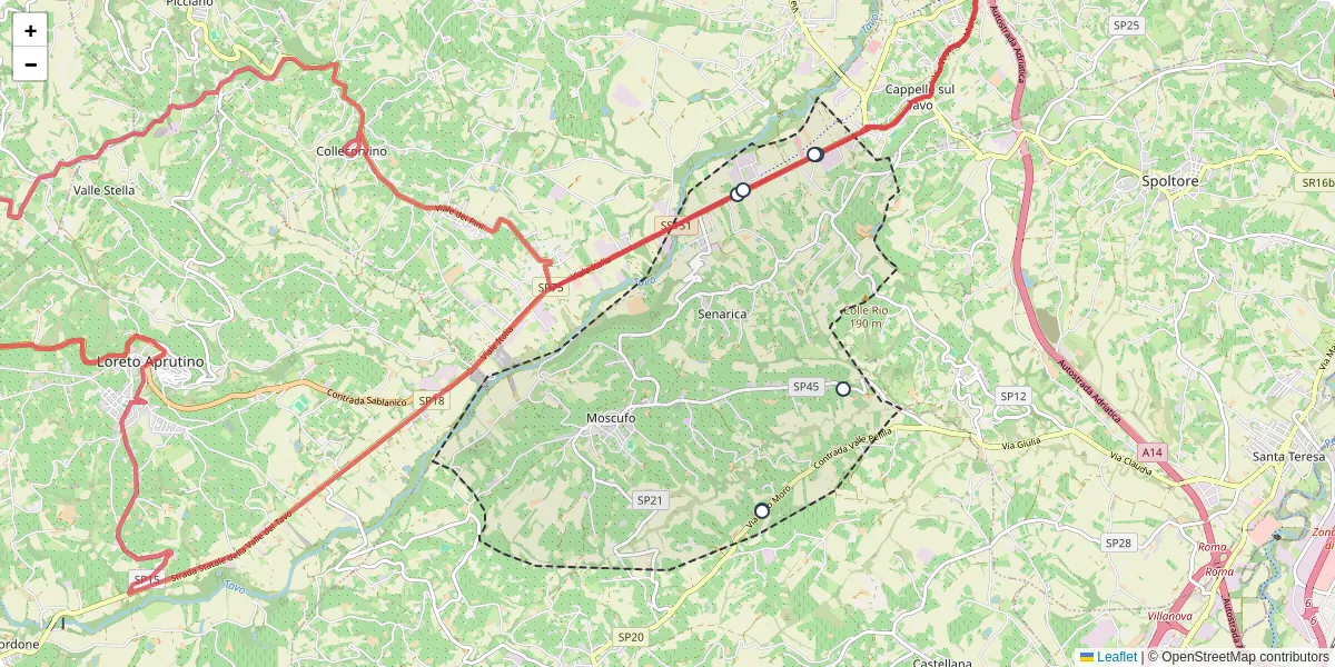 Mappa dettagliata del trasporto pubblico a Moscufo con linee autobus, tram e collegamenti