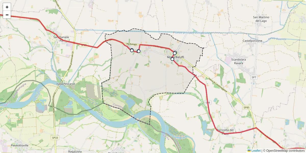 Mappa dettagliata del trasporto pubblico a Motta Baluffi con linee autobus, tram e collegamenti