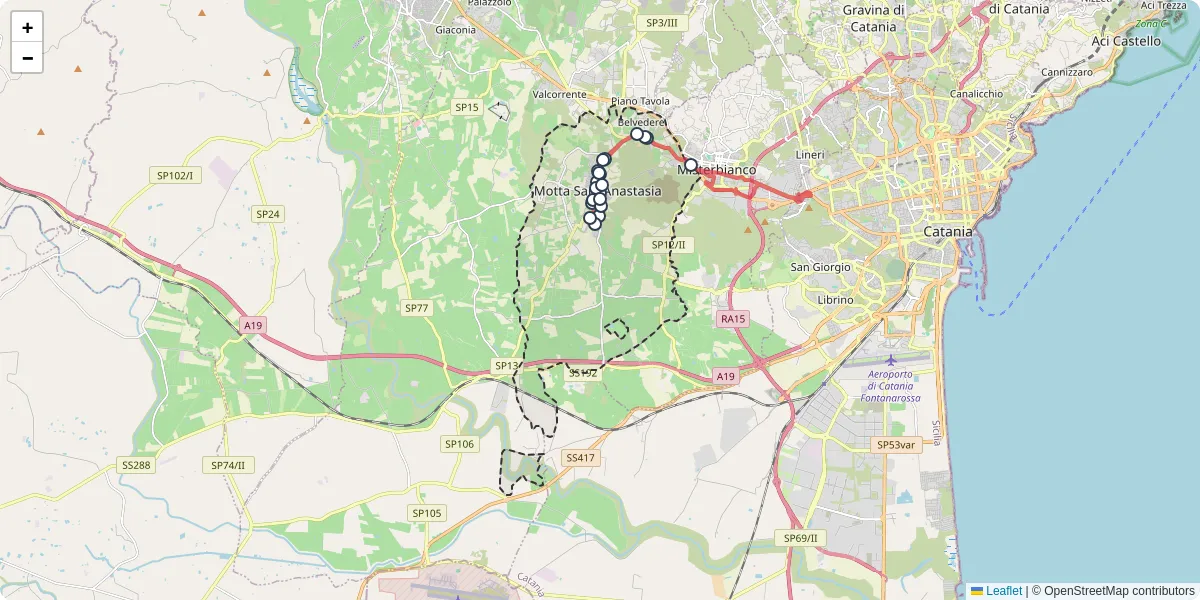 Mappa dettagliata del trasporto pubblico a Motta Sant'Anastasia con linee autobus, tram e collegamenti