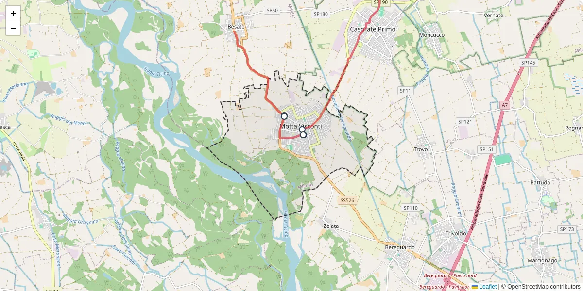 Mappa dettagliata del trasporto pubblico a Motta Visconti con linee autobus, tram e collegamenti