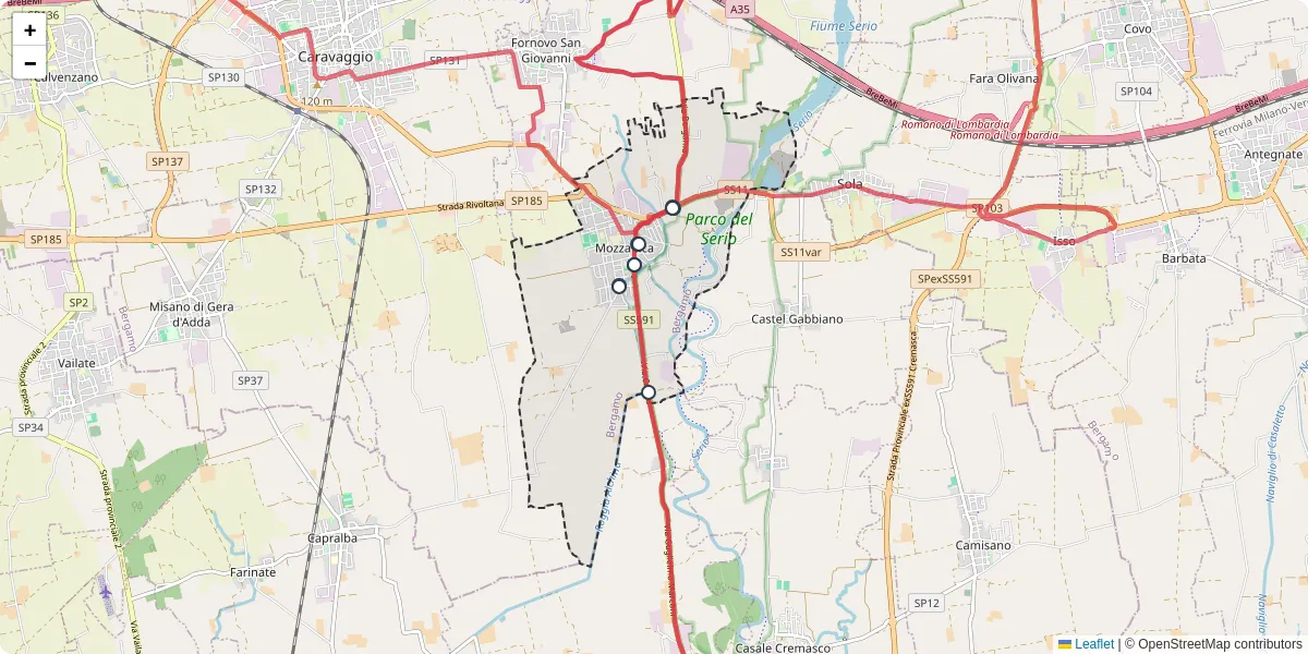 Mappa dettagliata del trasporto pubblico a Mozzanica con linee autobus, tram e collegamenti