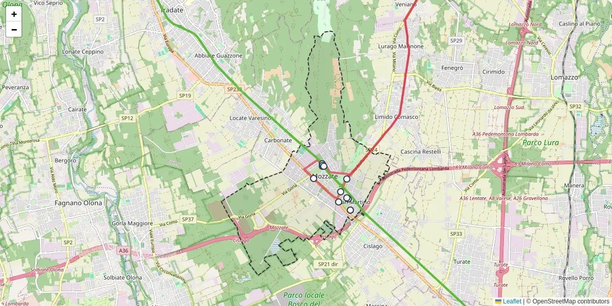 Mappa dettagliata del trasporto pubblico a Mozzate con linee autobus, tram e collegamenti