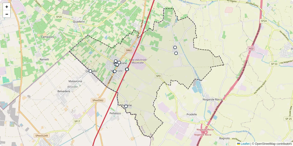 Mappa dettagliata del trasporto pubblico a Mozzecane con linee autobus, tram e collegamenti
