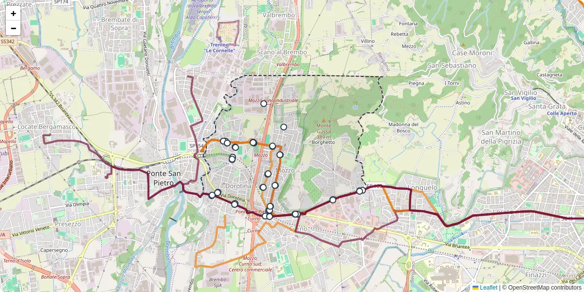 Mappa dettagliata del trasporto pubblico a Mozzo con linee autobus, tram e collegamenti