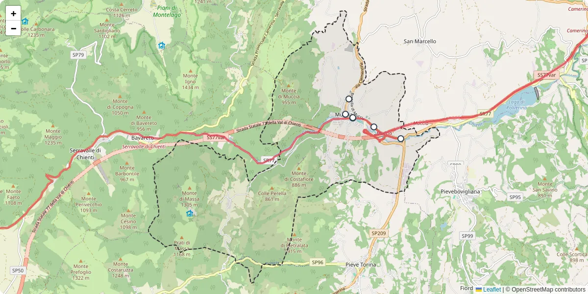 Mappa dettagliata del trasporto pubblico a Muccia con linee autobus, tram e collegamenti