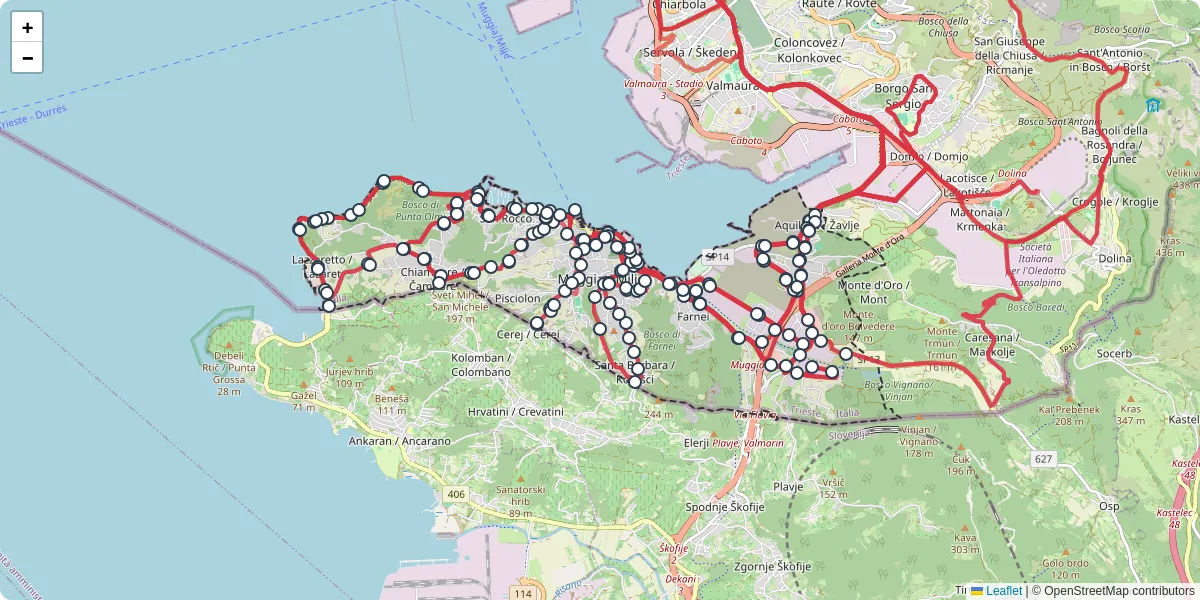 Mappa dettagliata del trasporto pubblico a Muggia / Milje con linee autobus, tram e collegamenti