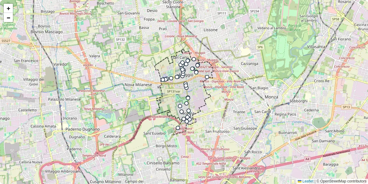 Mappa dettagliata del trasporto pubblico a Muggiò con linee autobus, tram e collegamenti