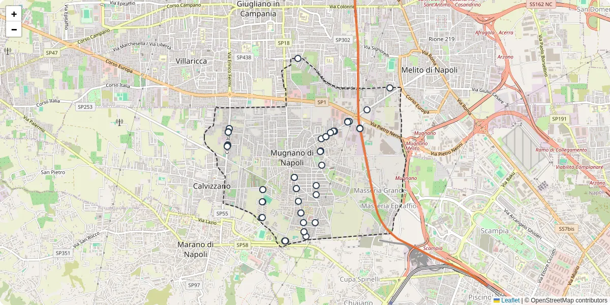 Mappa dettagliata del trasporto pubblico a Mugnano di Napoli con linee autobus, tram e collegamenti