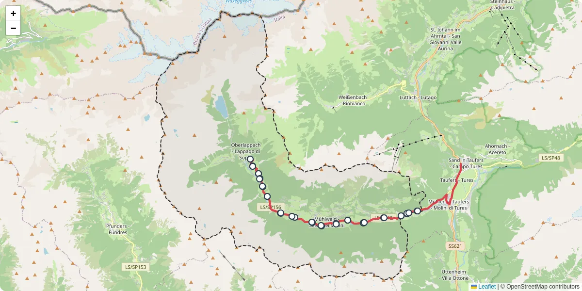 Mappa dettagliata del trasporto pubblico a Mühlwald - Selva dei Molini con linee autobus, tram e collegamenti