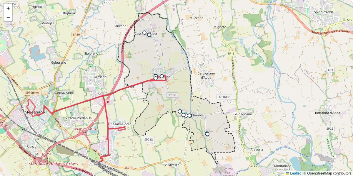 Mappa dettagliata del trasporto pubblico a Mulazzano con linee autobus, tram e collegamenti