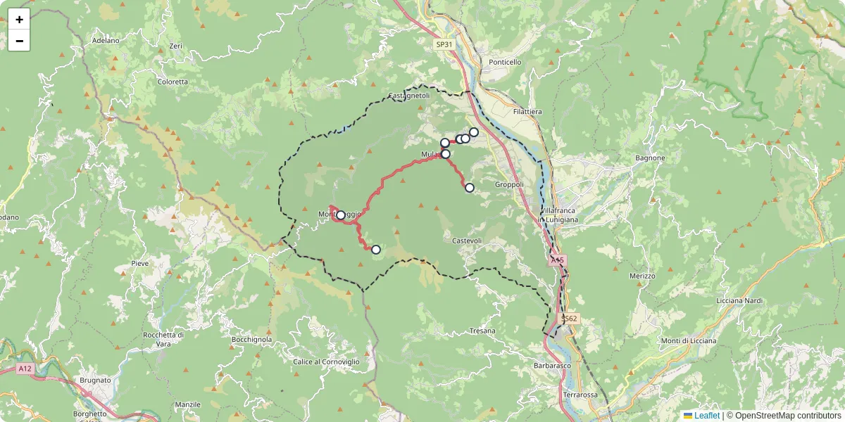 Mappa dettagliata del trasporto pubblico a Mulazzo con linee autobus, tram e collegamenti