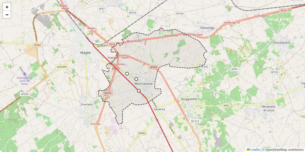 Mappa dettagliata del trasporto pubblico a Muro Leccese con linee autobus, tram e collegamenti