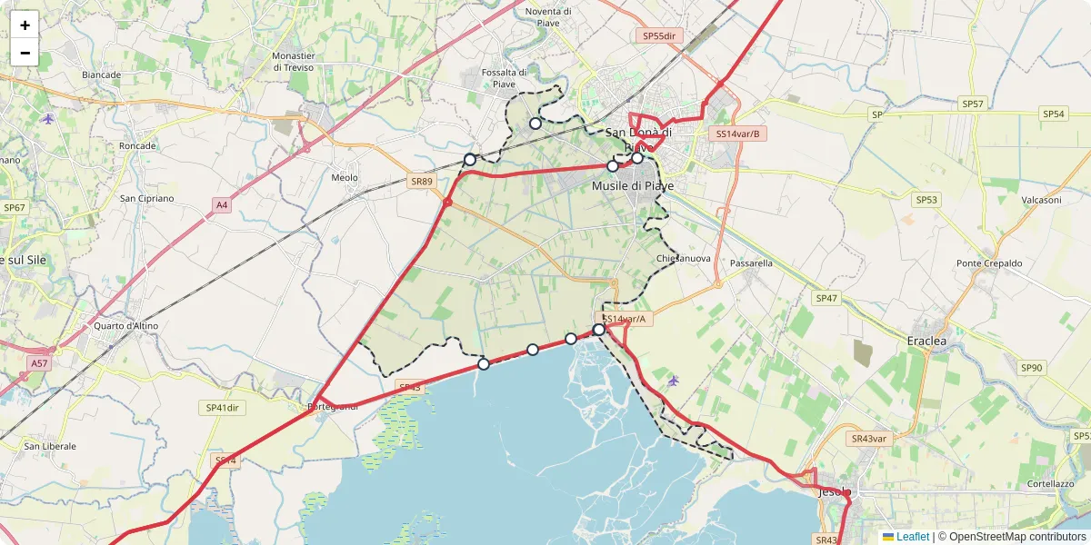 Mappa dettagliata del trasporto pubblico a Musile di Piave con linee autobus, tram e collegamenti