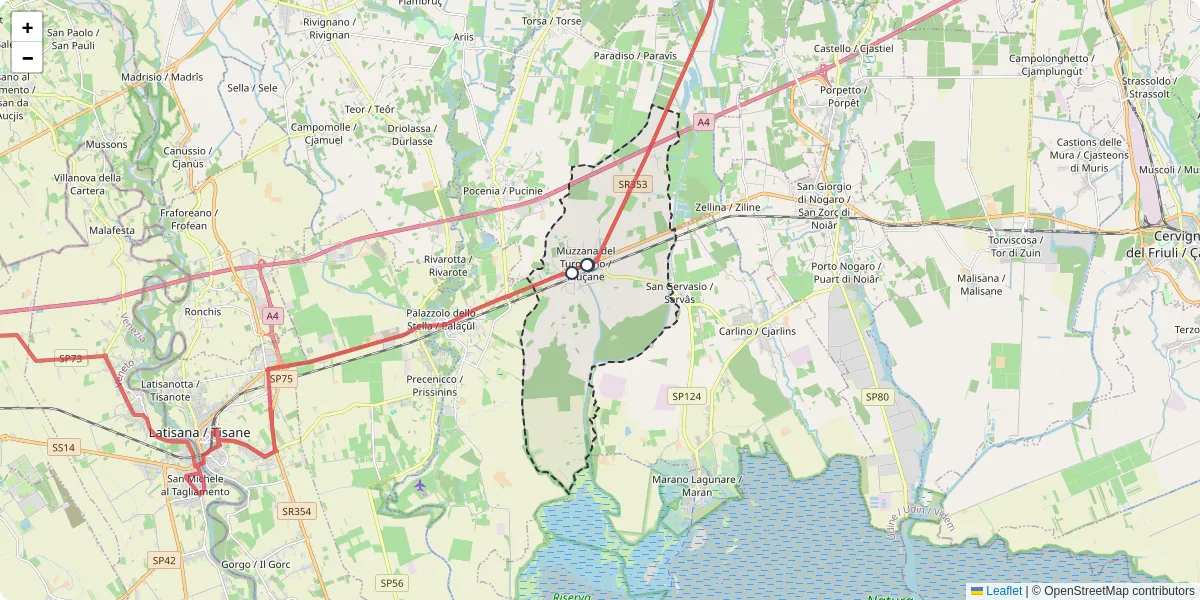Mappa dettagliata del trasporto pubblico a Muzzana del Turgnano / Muçane con linee autobus, tram e collegamenti