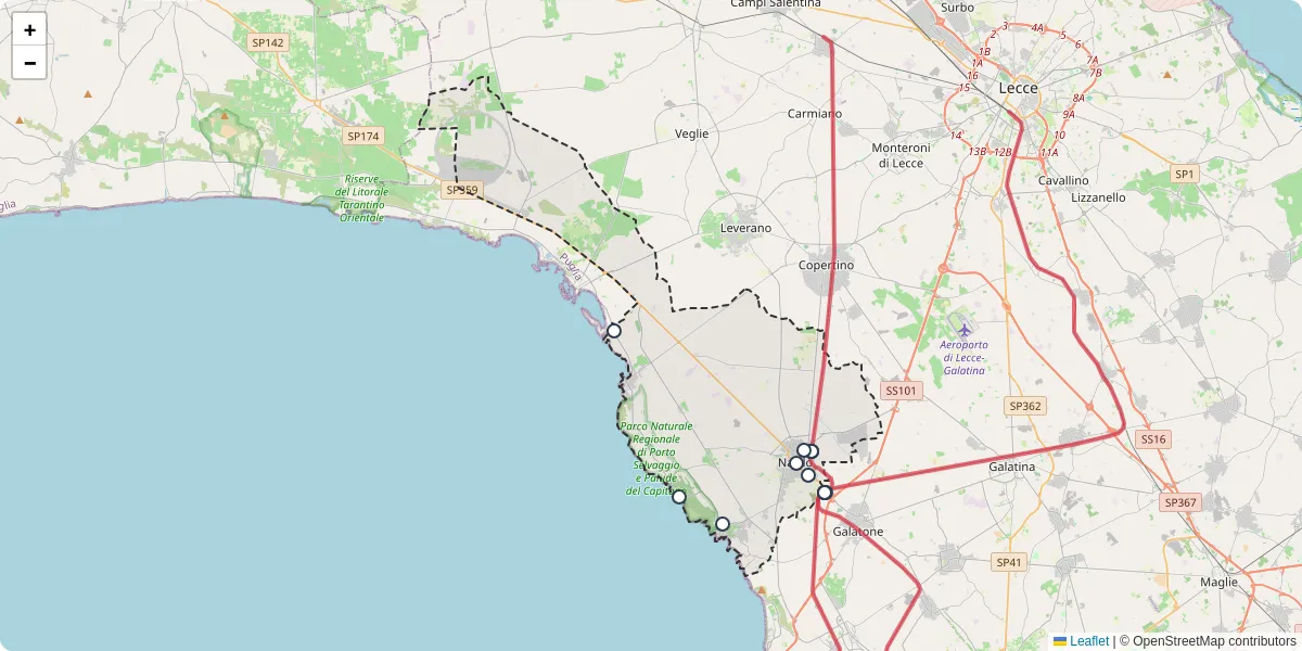Mappa dettagliata del trasporto pubblico a Nardò con linee autobus, tram e collegamenti