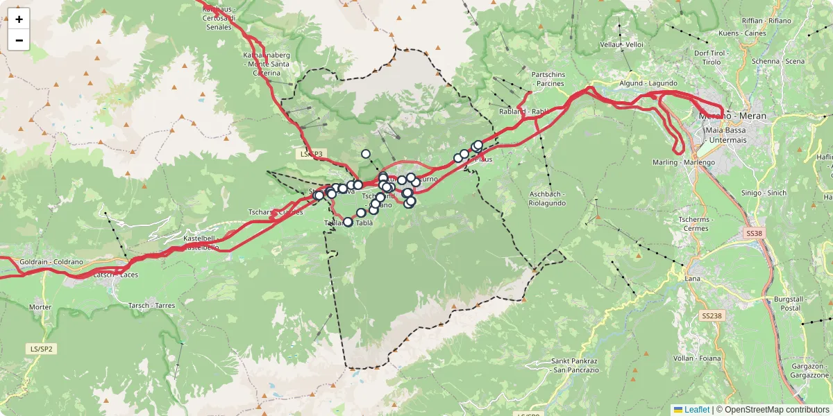 Mappa dettagliata del trasporto pubblico a Naturns - Naturno con linee autobus, tram e collegamenti