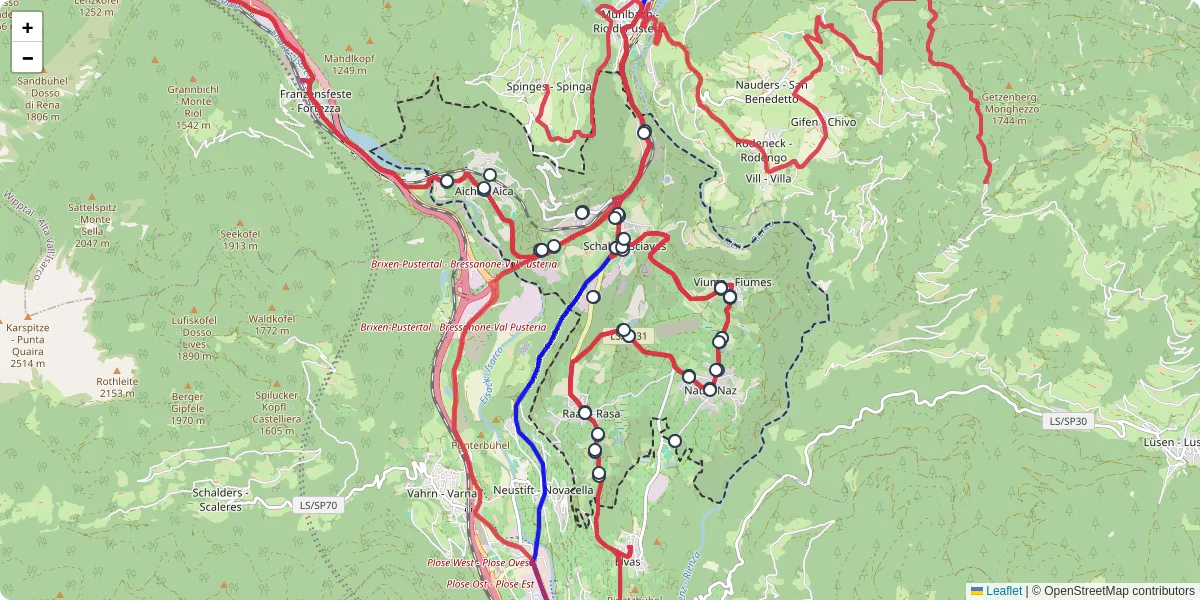 Mappa dettagliata del trasporto pubblico a Natz-Schabs - Naz-Sciaves con linee autobus, tram e collegamenti