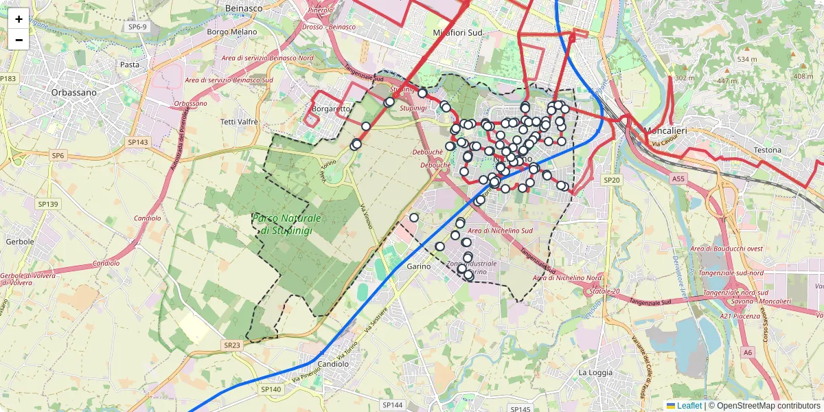 Mappa dettagliata del trasporto pubblico a Nichelino con linee autobus, tram e collegamenti