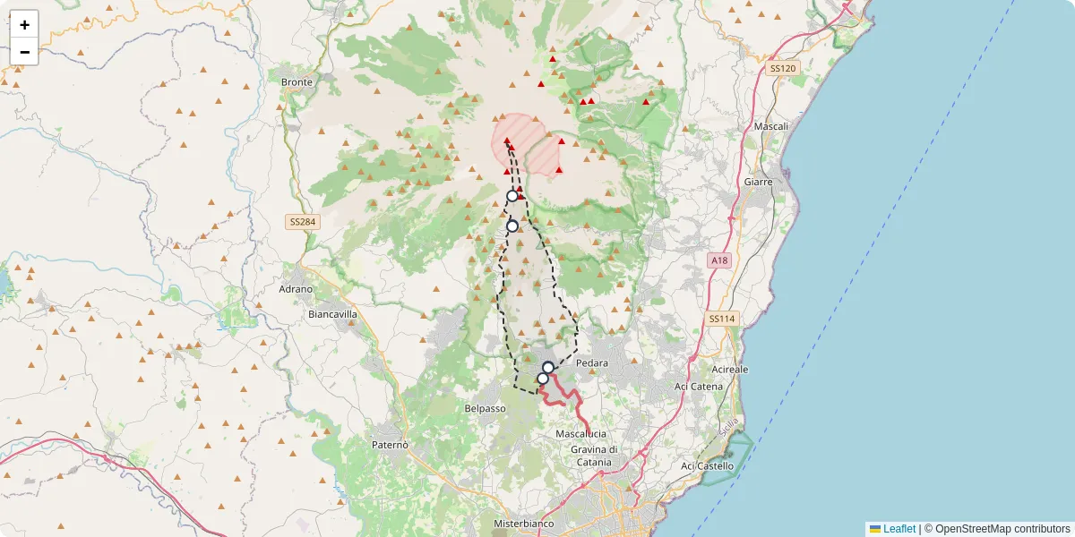 Mappa dettagliata del trasporto pubblico a Nicolosi con linee autobus, tram e collegamenti