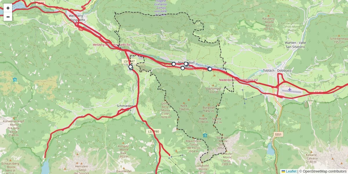 Mappa dettagliata del trasporto pubblico a Niederdorf - Villabassa con linee autobus, tram e collegamenti