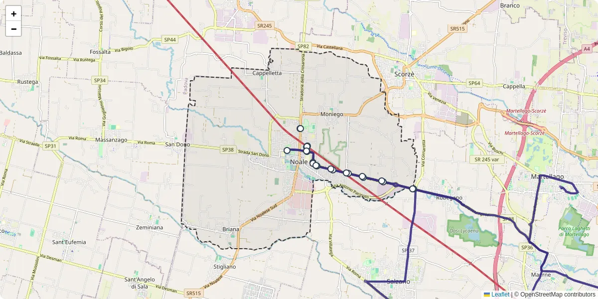 Mappa dettagliata del trasporto pubblico a Noale con linee autobus, tram e collegamenti