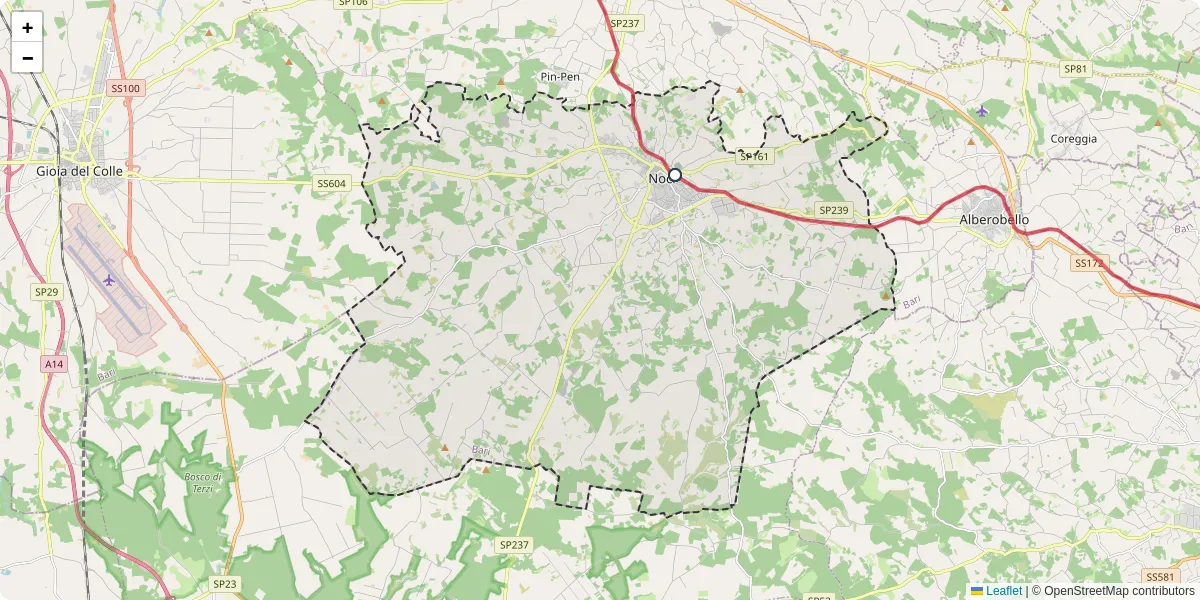 Mappa dettagliata del trasporto pubblico a Noci con linee autobus, tram e collegamenti