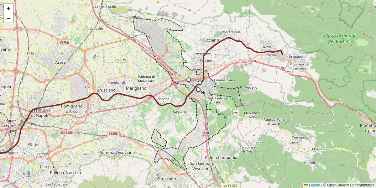 Mappa dettagliata del trasporto pubblico a Nola con linee autobus, tram e collegamenti