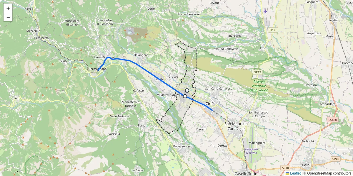 Mappa dettagliata del trasporto pubblico a Nole con linee autobus, tram e collegamenti