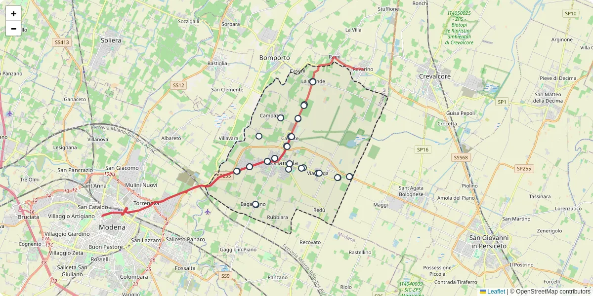 Mappa dettagliata del trasporto pubblico a Nonantola con linee autobus, tram e collegamenti