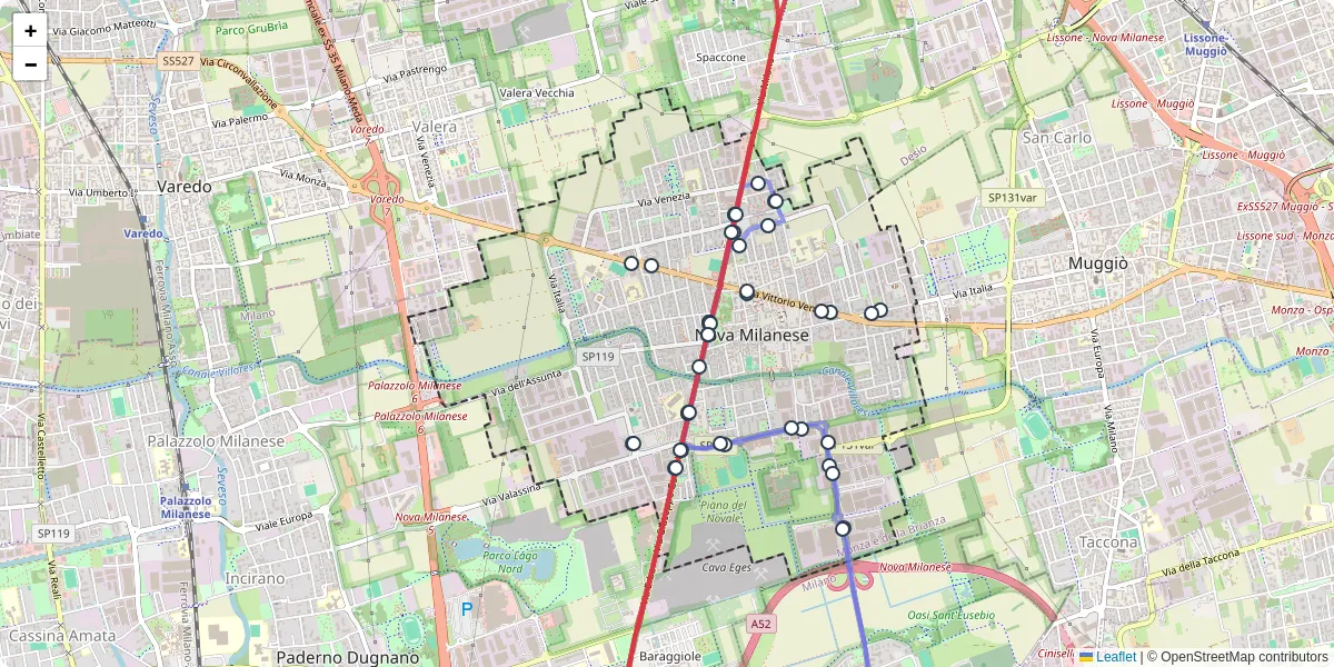 Mappa dettagliata del trasporto pubblico a Nova Milanese con linee autobus, tram e collegamenti