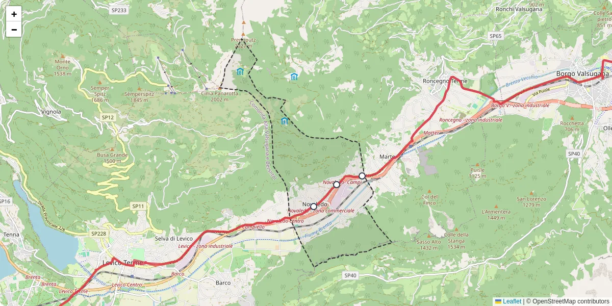Mappa dettagliata del trasporto pubblico a Novaledo con linee autobus, tram e collegamenti