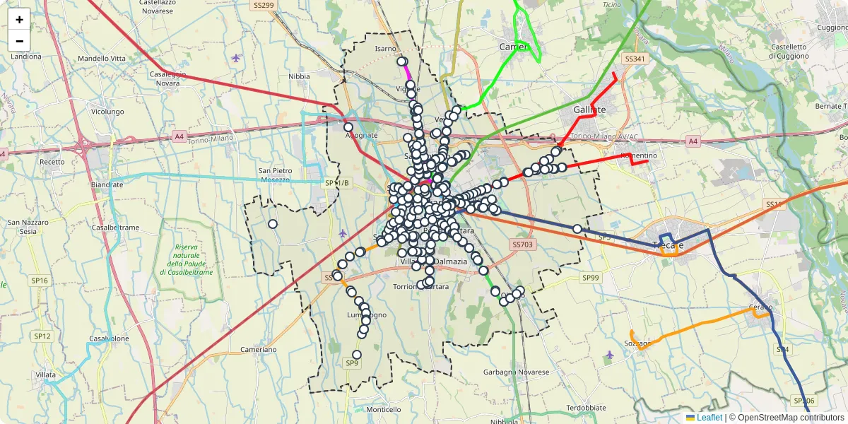Mappa dettagliata del trasporto pubblico a Novara con linee autobus, tram e collegamenti