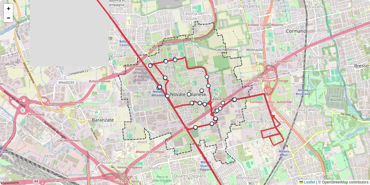 Mappa dettagliata del trasporto pubblico a Novate Milanese con linee autobus, tram e collegamenti